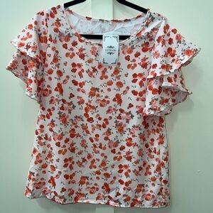 La Mode Floral Flutter Sleeve Blouse Women Size M Orange Rose Print Top NWT
